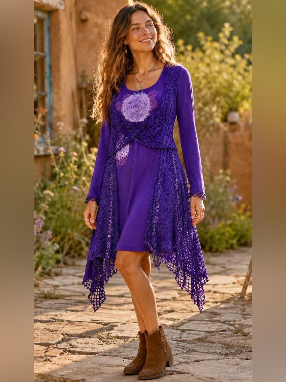 Pretty Angel Purple Floral Lace Handkerchief
Hem Boho Western Dress, Size Medium
